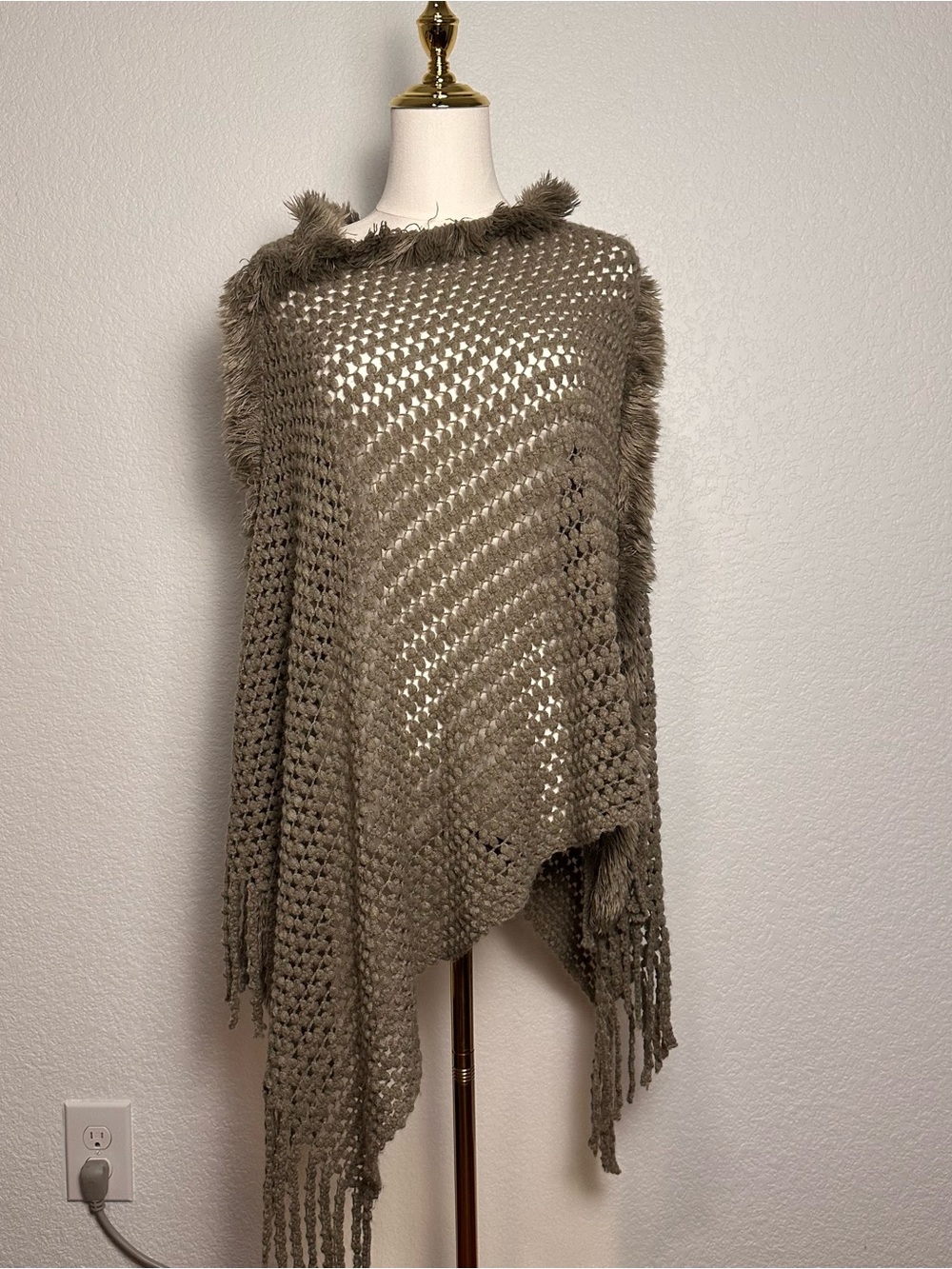Cozy Taupe Fringe Knit Poncho Sweater